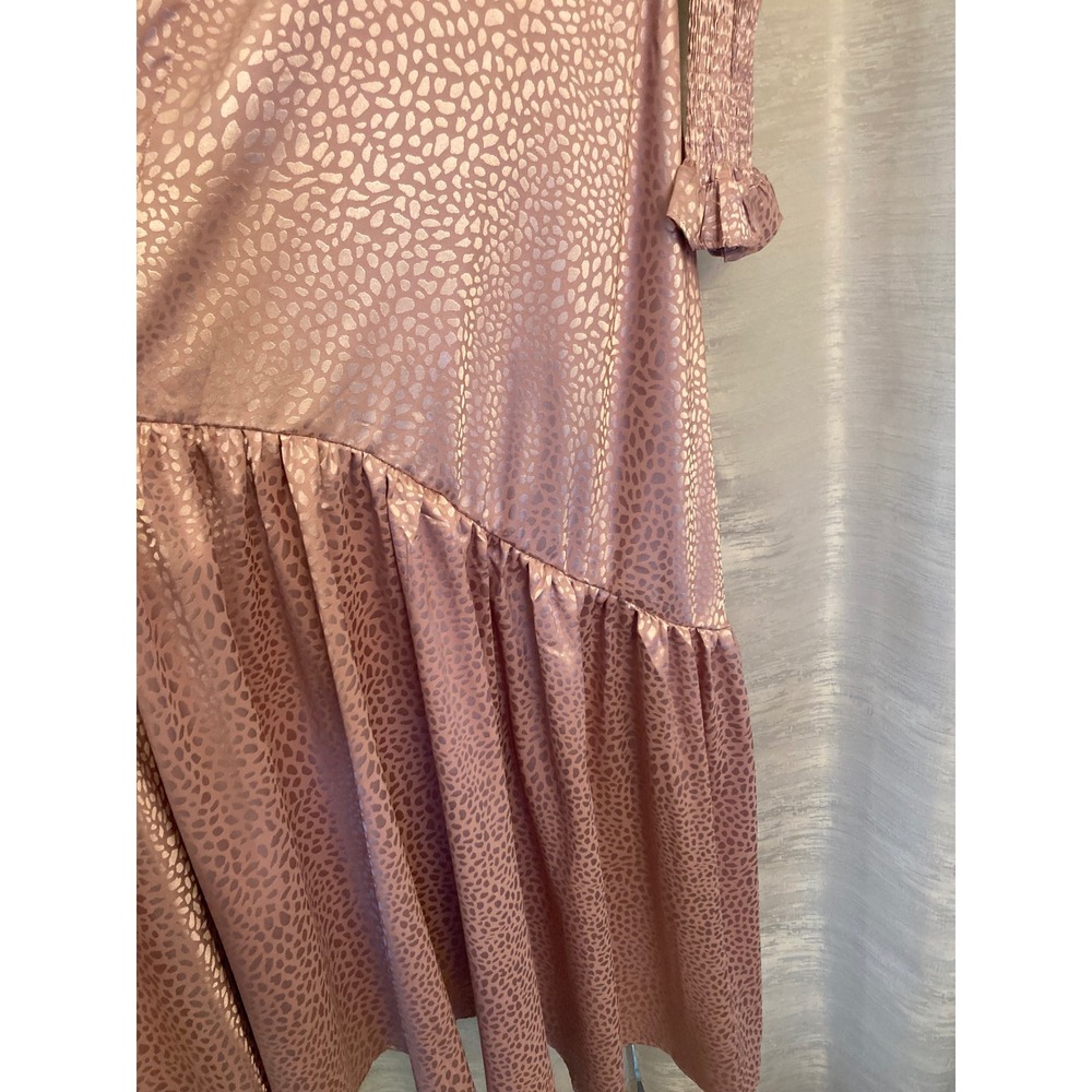 Rosevelvet Pink Satin Leopard Print Midi Dress Size S Puff Sleeve Belted - Picture 8 of 13